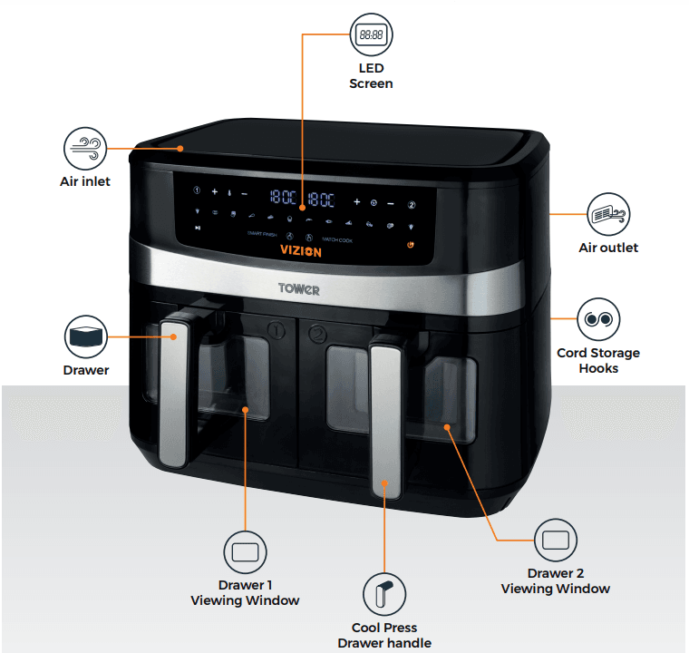 Tower T17100 Vortx Vizion 9L Dual Basket Air Fryer 4