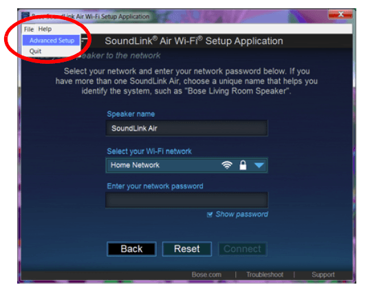 Enter or change the settings. • DHCP – Sets the IP assignment to either Automatic or Static • IP Address – Host IP address • Subnet Mask – Subnet within the IP address for your network • Gateway IP – IP address of a router that serves as an access point for another router • DNS #1 IP – IP address for your #1 Domain Name Server • DNS #2 IP – IP address for your #2 Domain Name Server • Proxy Server – Address used for making an indirect network connection • Proxy Port – Specifies the port to connect to the proxy 3. Click Save. A progress dialog is displayed followed by a confirmation dialog box. 4. Click Close. Turning on/off Wi-Fi® capability Your SoundLink® Air has built-in Wi-Fi capability that enables wireless connectivity and AirPlay. If you would like to turn off Wi-Fi, press and hold the Play/Pause button on the remote for five seconds until the Wi-Fi indicator turns off. To turn on Wi-Fi, press and hold the Play/Pause button on the remote for five seconds until the Wi-Fi indicator starts blinking.