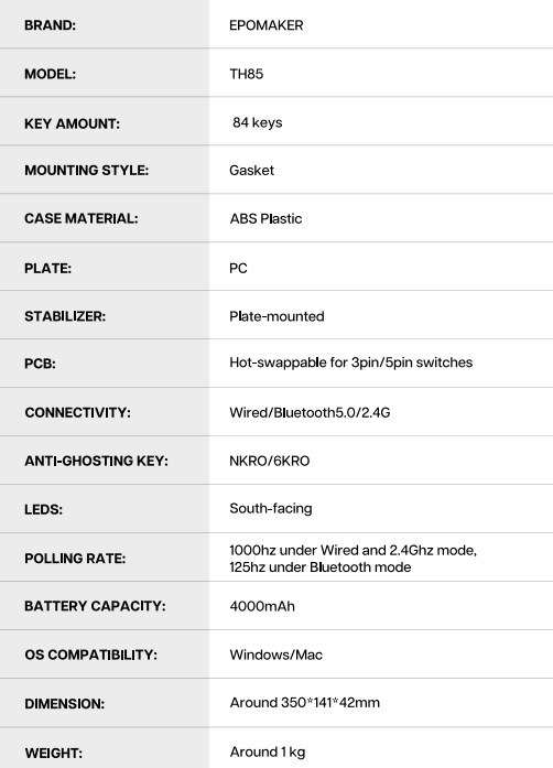 Epomaker TH85 Gasket-Mounted Tri-Mode Mechanical Keyboard User Manual Epomaker TH85 Gasket-Mounted Tri-Mode Mechanical Keyboard 7