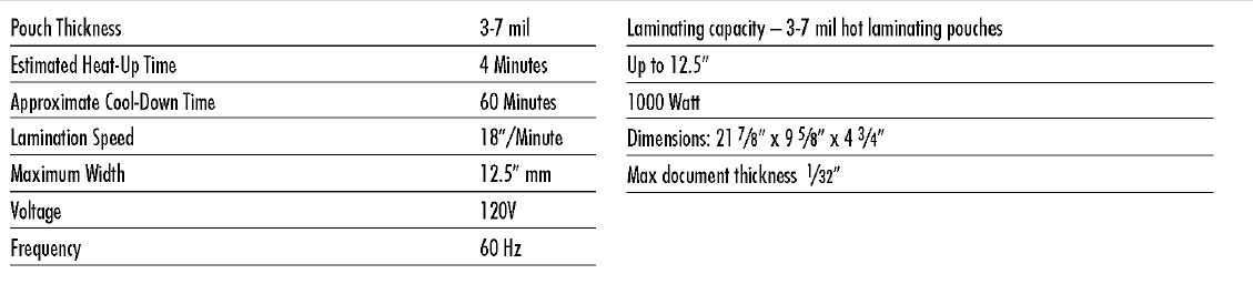 Fellowes Jupiter 125 Thermal Laminator Machine User Manual Fellowes Jupiter 125 Thermal Laminator Machine TABLE 1