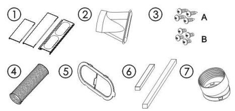 1. Main window panel and extension panels - extends from 20" up to 46" .3 pieces 2. Exhaust nozzle.. •2 pieces 3. Screws. . 8 pieces 4. Exhaust hose 2 pieces 5. Cover 2 pieces 6. Foam 2 pieces 7. Hose connector 2 pieces