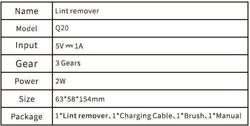 Peiyuu Q20 Rechargeable Fabric Shaver Lint Remover-parameter