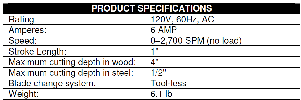 Tool Shop 241 9846 Reciprocating Saw 1 table