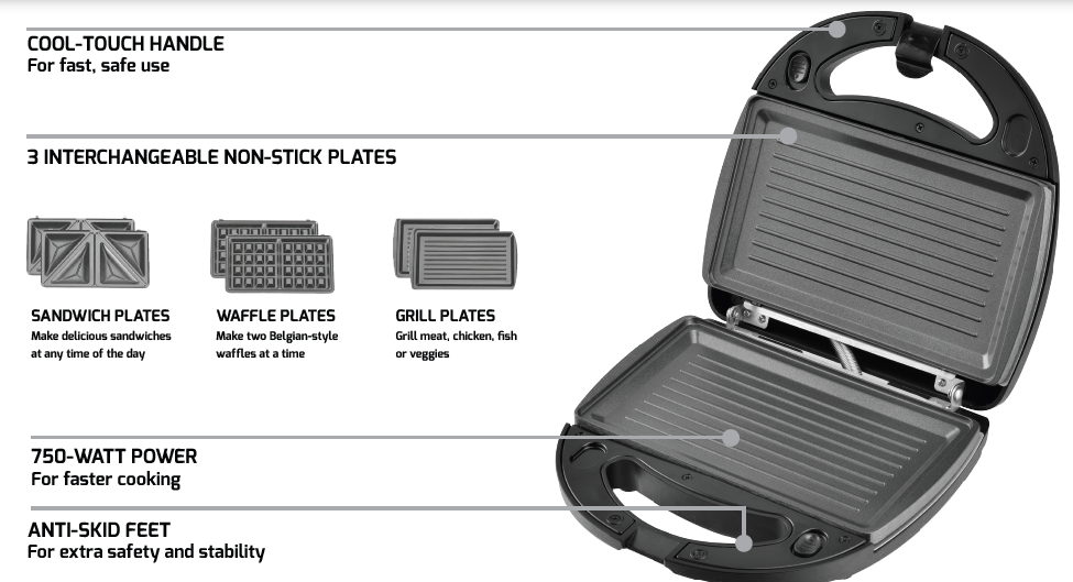 OVENTE GPI302B 3 in 1 Electric Sandwich Maker 1