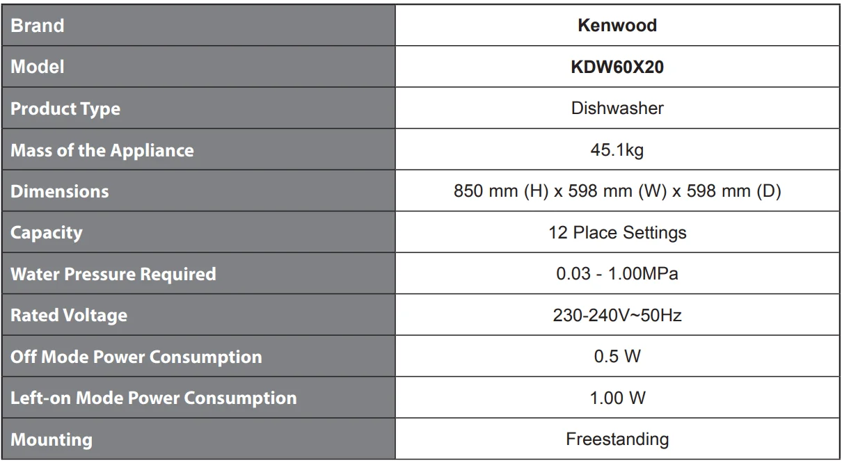 Kenwood KDW60X20 Freestanding Full-Size Dishwasher-60