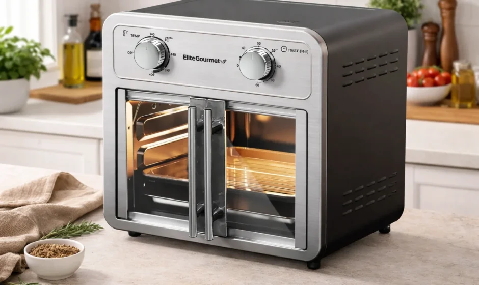 Elite Gourmet EAF1222SS 12L French Door Air Fryer Oven feat