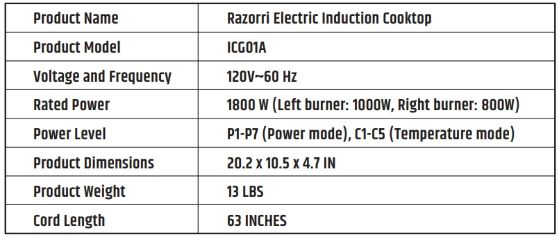 Razorri ICG01A Comodo Electric Induction Cooktop User Manual Razorri ICG01A Comodo Electric Induction Cooktop 1