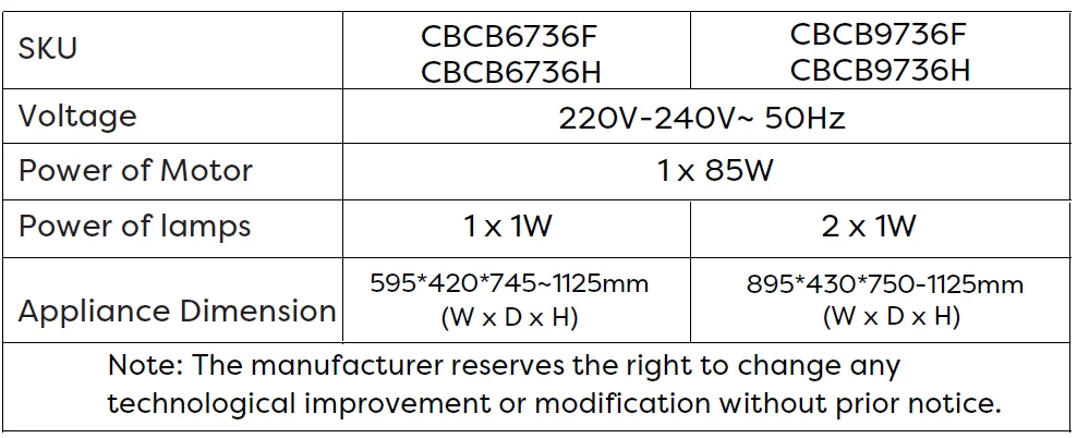 Ciarra 736F-736H Cooker Hood Manual Ciarra 736F-736H 3