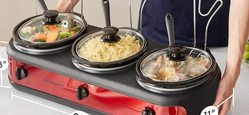Elite Gourmet Maxi-Matic Triple Slow Cooker feat