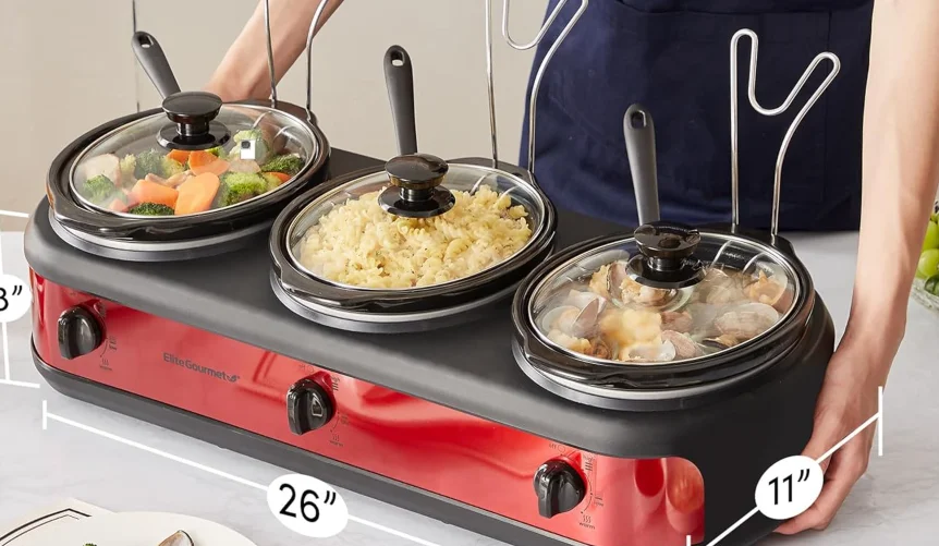 Elite Gourmet Maxi-Matic Triple Slow Cooker feat